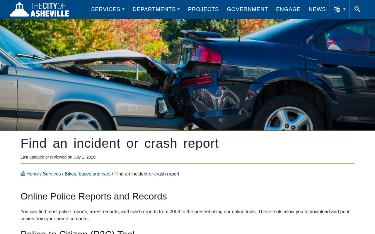 Asheville official incident or crash report search